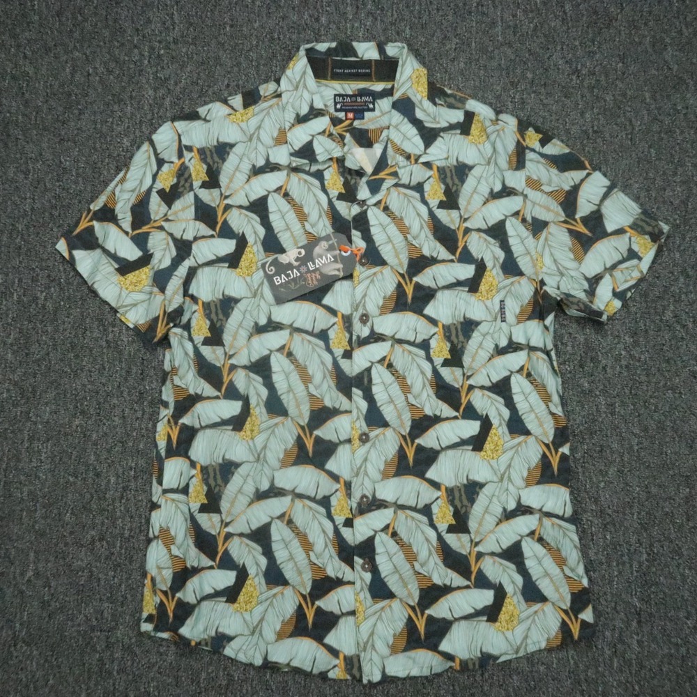 Baja Llama Shirt Mens Medium Blue Magic City‎ Button Up Floral Viscose NWT